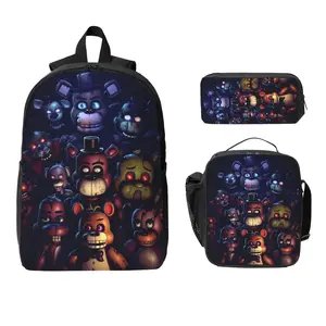 3 Piece High Capacity Bookbag Five Nights Bear-F-reddy Backpack Set Travel Knapsack with Lunch Box Pencil Case