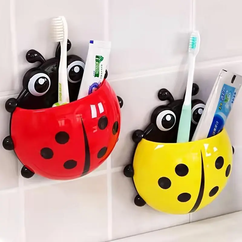 2pcs Cute Cartoon Wall-mounted Toothbrush Holder, No-punch Wall-mounted Storage Rack, Funny Seven-star Ladybug Wall-mounted Bathroom Organizer, Toothpaste and Facial Cleanser Storage Rack, Suitable for Bathroom, School Dormitory, RV