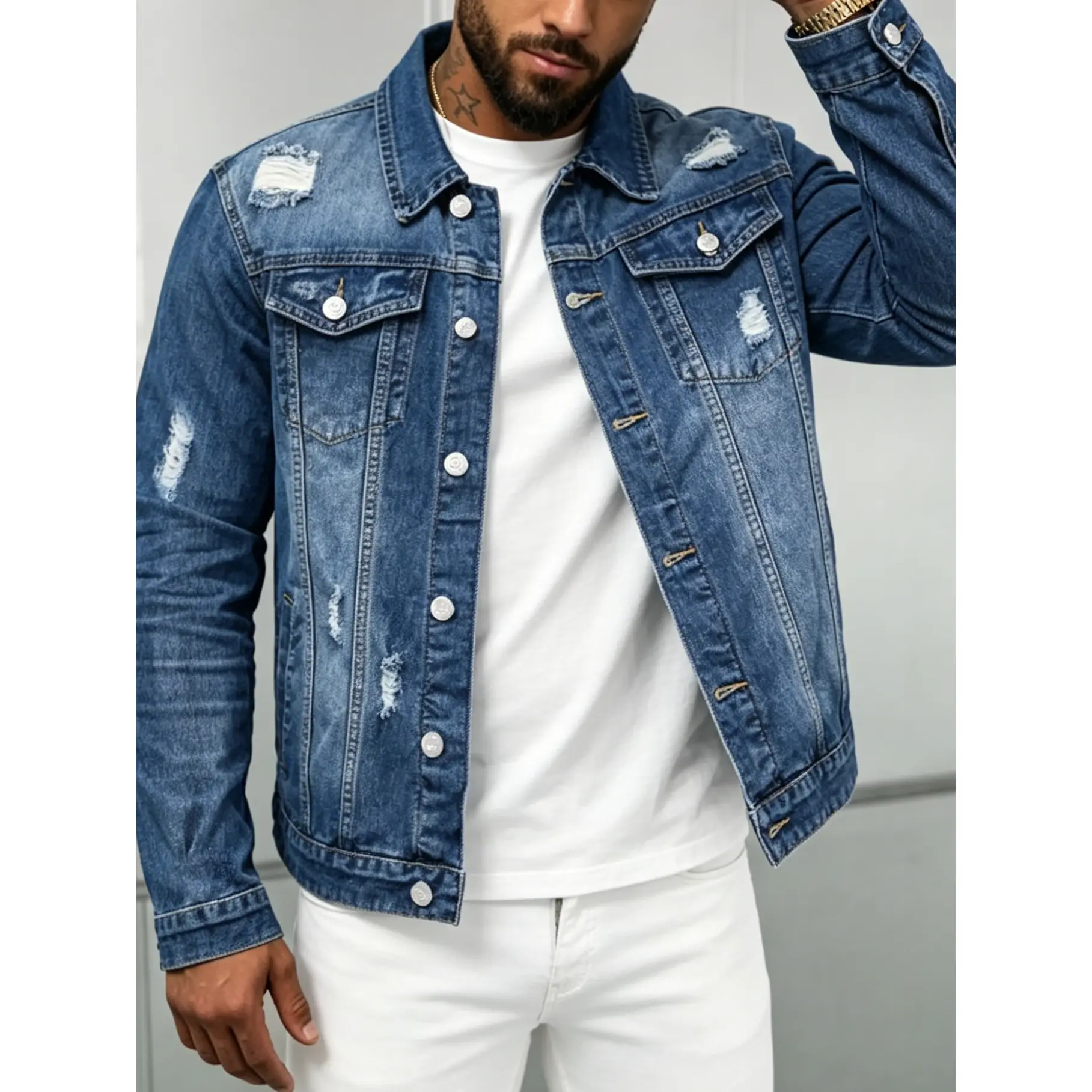 Men's High Cotton Ripped Distressed Denim Jacket, Classic Turn Down Collar Button Up Trucker Coat, Multiple Chest Flap Pockets Long Sleeve Loose Fit Vintage Washed Casual Outerwear, Hip Hop Streetwear Jean Jacket for Spring Fall Daily Travel Street Fashio