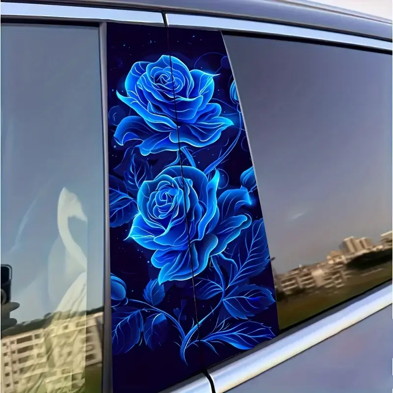 QF-1102-2pcs Vibrant Blue Rose Car Door Decals- Durable Vinyl, Easy Apply& Remove, Glossy Finish B-Pillar Protective Film- Exterior Auto Accessories with Fantasy Theme, Cool Car Accessories