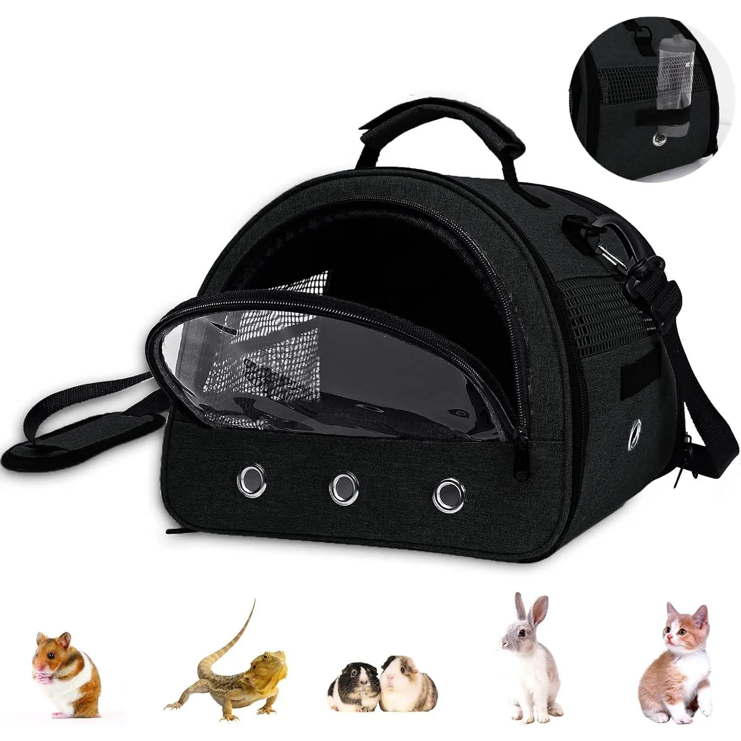 Guinea Pig Carrier, Small Pet Hamster Carrier Bag, Rabbit Bunny Travel Carrier Outdoor Handbag, Breathable Carrier for Small Animals with Water Bottle Holder & Removable Liner (Black)
