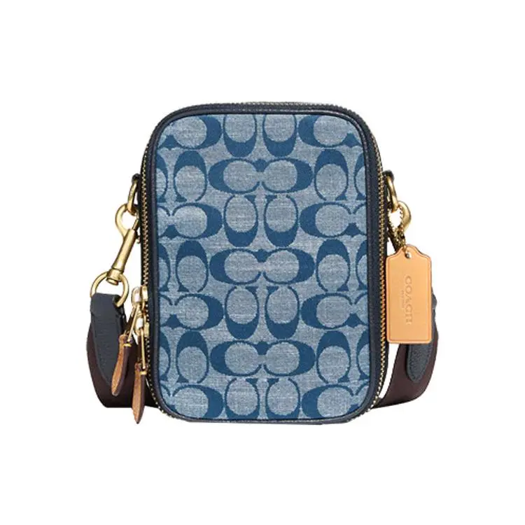 COACH Stanton 13 Crossbody Bag for Men – Saffron and Denim Blue Canvas and Leather with Brass Zipper