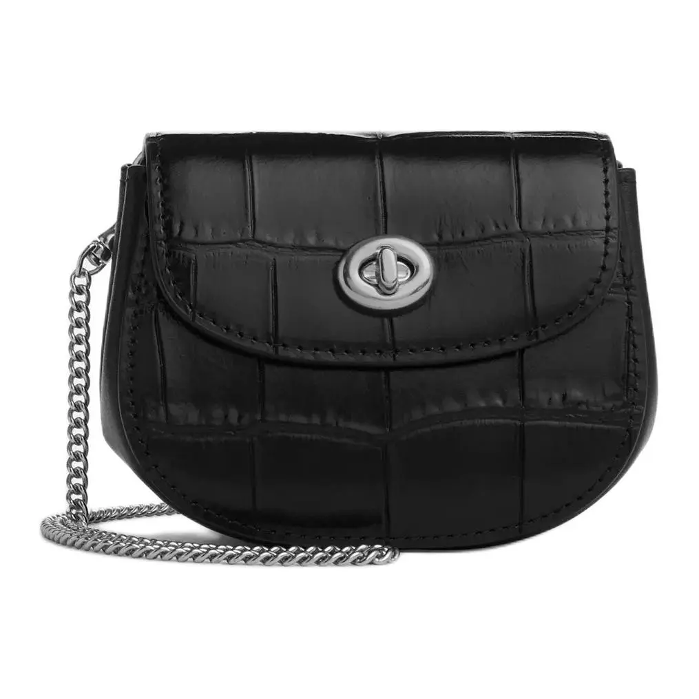 COACH Turnlock 12 Mini Shoulder Bag for Women – Silver and Black Leather with Silver Metal Hardware