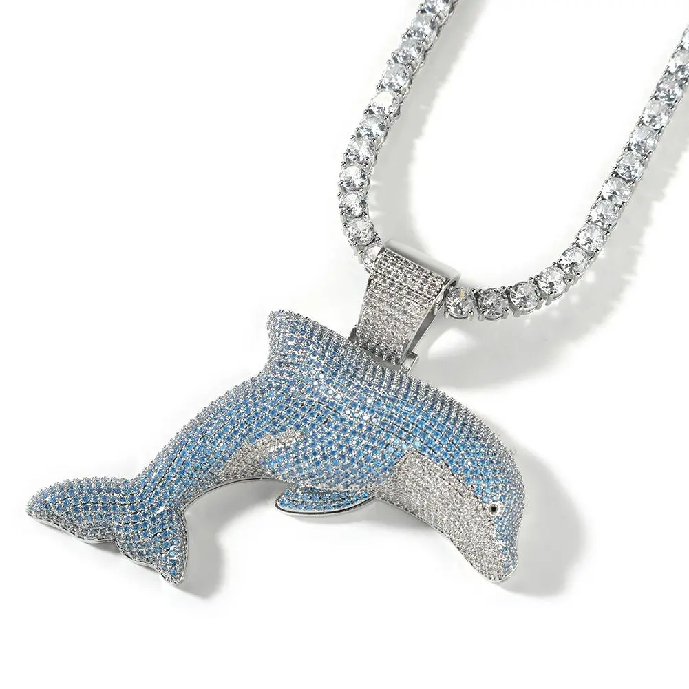Unisex Large-Size Dolphin Shape Zircon Stone Pendant Necklace - Metal Coating Casual Daily Wear Creative Cartoon Jewelry, Internet Celebrity Hip Hop Accessory