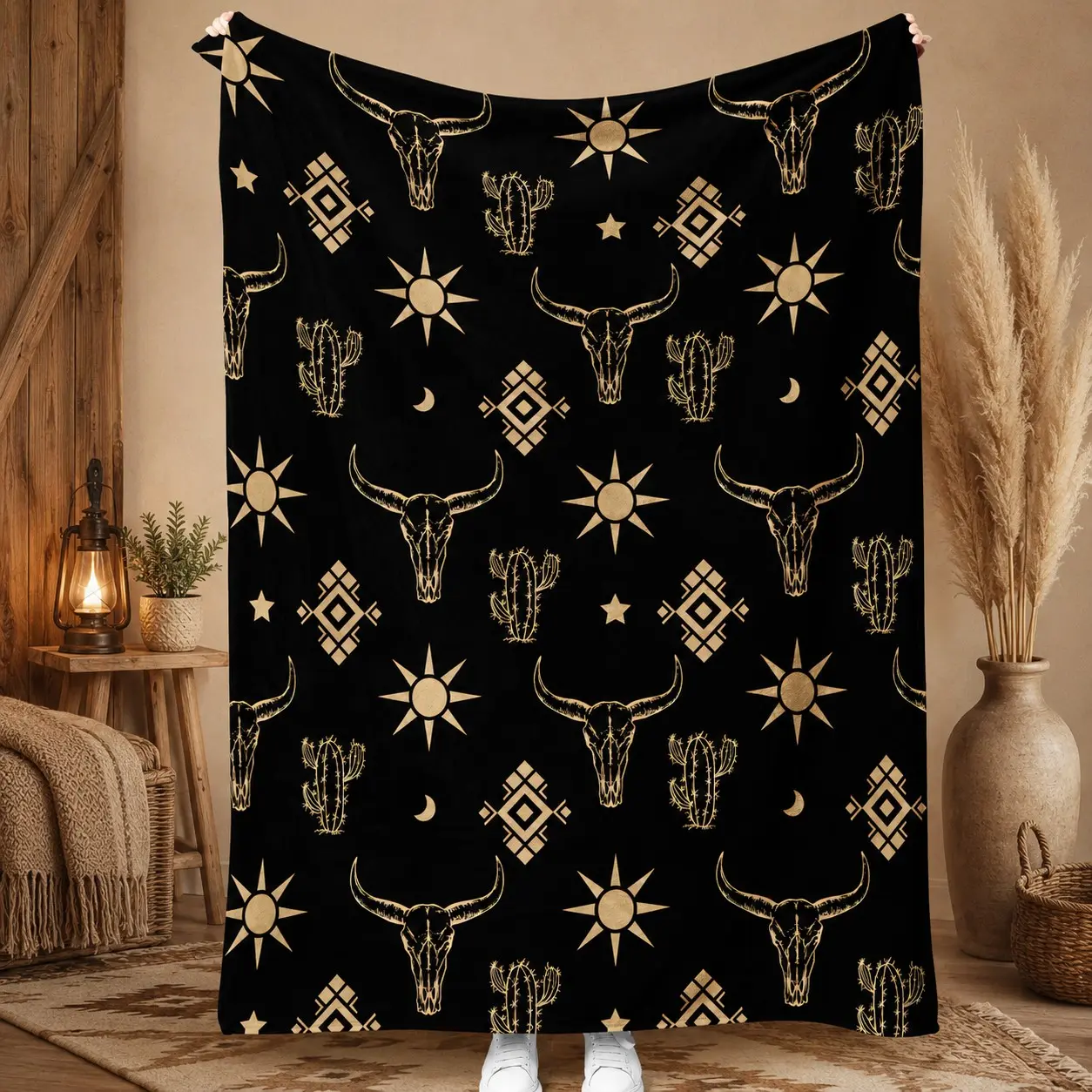 Western Longhorn Skull Flannel Throw Blanket, Gold Cactus Sun Moon, Soft Cozy Warm Fleece, Home Decor, Halloween Gift