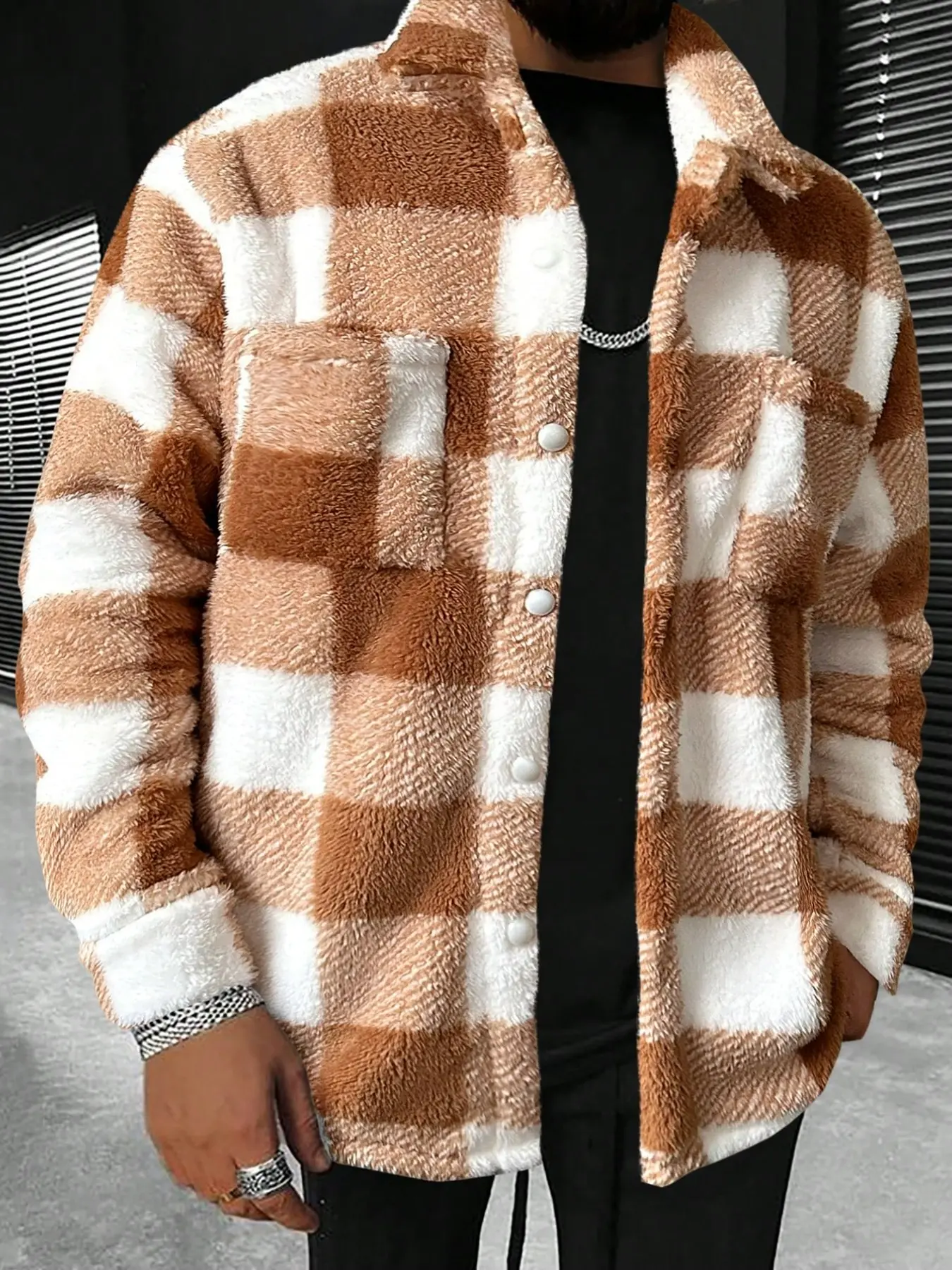 Men's Plaid Fleece Shacket Casual Cozy Fleece-Lined Button-Up Shirt Jacket with Pocket for Winter