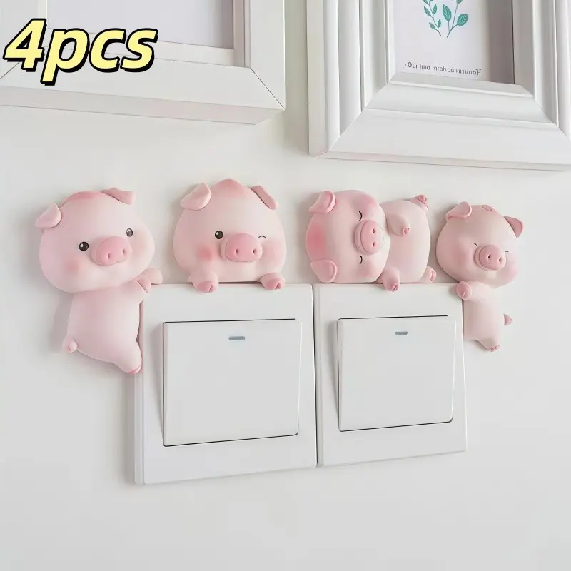 4pcs Resin Pig Switch Stickers, Smooth Surface No Sharp Edges, Adhesive Backing Won't Damage Walls, Cute Home Decor Accessories