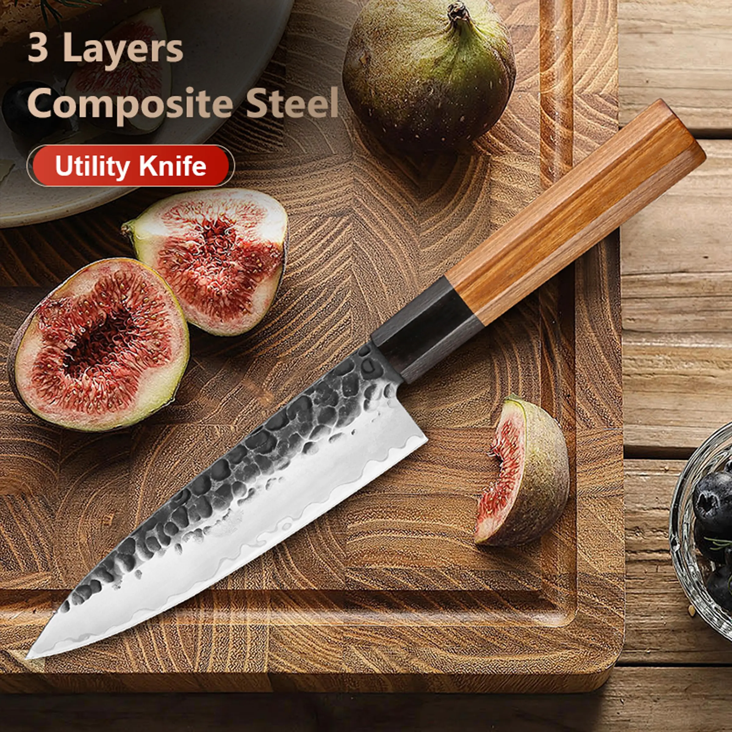 5-Inch Kitchen Multi-Use Cutting Knife, Sharp Peeling Tool, 3-Layer Damascus Steel Blade, High-End Kitchen Cutlery, Redwood Handle