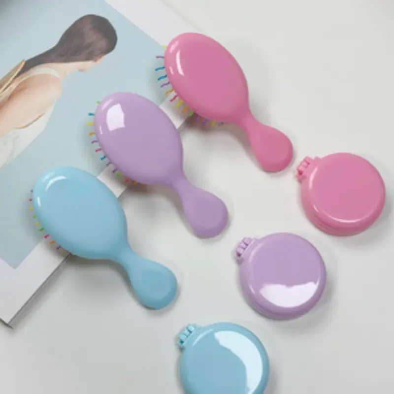 2PCS/Kit Mini Hair brushes, Portable Foldable Hair Brush With Makeup Mirror, Dual-Use, On-the-Go Styling, Travel Daily Essentials, Cute Folding Air Cushion Comb, All Hair Types, Massage Feature, Gift, Party Favors, Rainbow Bristle, Pink/Purple