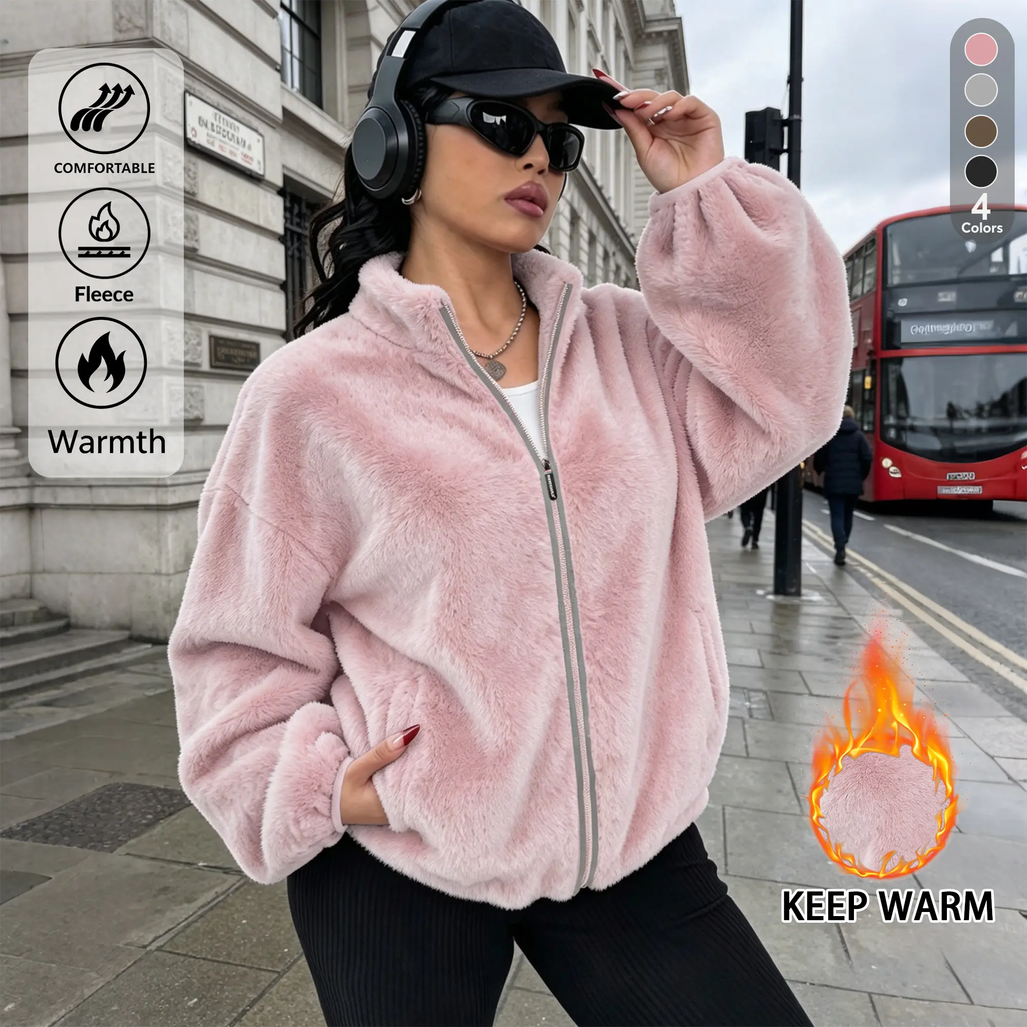 Women’s Plush Fleece Full-Zip Stand Collar Comfortable Loose Piece Jacket - Puff Balloon Long Sleeve Warm Coat with Side Hand Pockets, Fluffy Textured Outerwear for Winter Errands, Daily Walks
