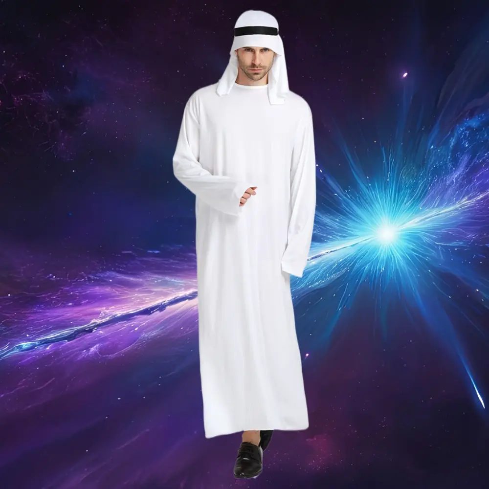 Men's Elegant Prince Costume Set with Headpiece, Formal All-White Long Robe in Lightweight Fabric for Halloween & Masquerade, Menswear, Clothes, Cosplay Party, Multi-Size, Majestic Silhouette, Polyester, Carnival, Tunic, Breathable, Outfits, Cape