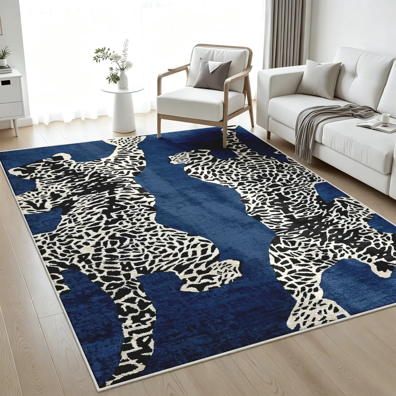 1pc 8x10ft Modern Abstract Animal Area Rug, Navy Blue Base with White Leopard Silhouette Carpet, Soft, Non-Slip, Machine-Washable Floor Covering, Stain-Resistant, Low-Pile Rug, Aesthetic Decor for Living Room and Bedroom