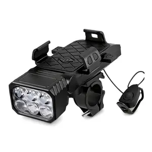 4-in-1 Bike Phone Mount with Headlight, Horn & 5000mAh Power Bank, 5-Mode LED Bike Light (Steady/Strobe/SOS), Swivel Front Light, 6H Runtime, USB Charging for Phone, Bonus Red Tail Light