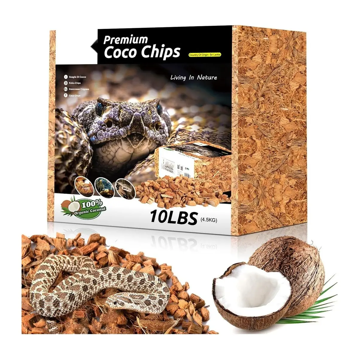 Reptile Coconut Chip Substrate, 72 Quart Coco Husk Bedding for Ball Python, Snakes, Geckos, Lizards, Tortoises, Frogs, Terrarium Tank Substrate