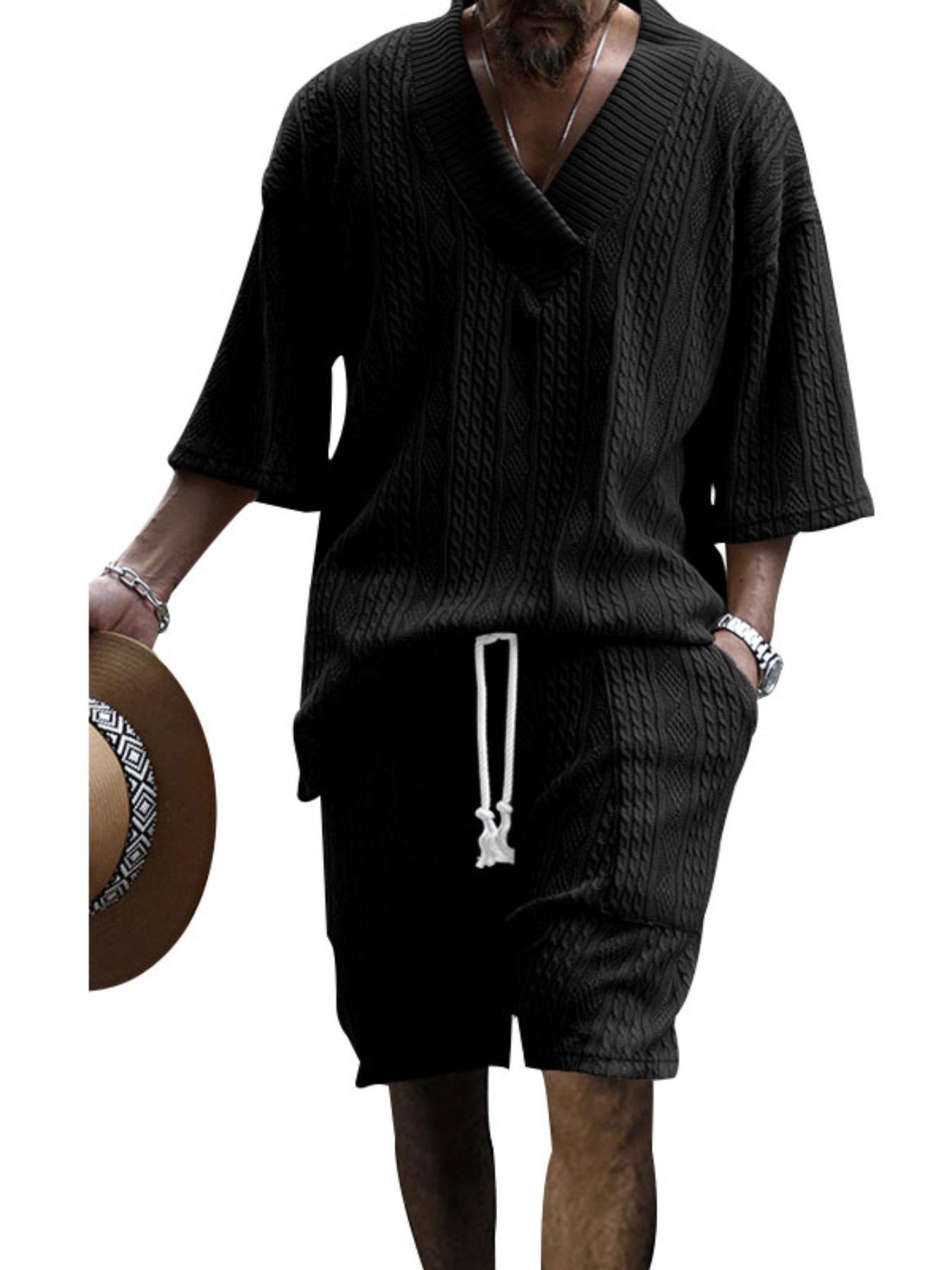 Men's Solid Drop Shoulder Knit Top & Shorts Two-Piece Set, Loose Casual Fashion Cozy Breathable Short Sleeve T-shirt & Shorts for Daily Outdoor Wear, Menswear for Summer, Clothing