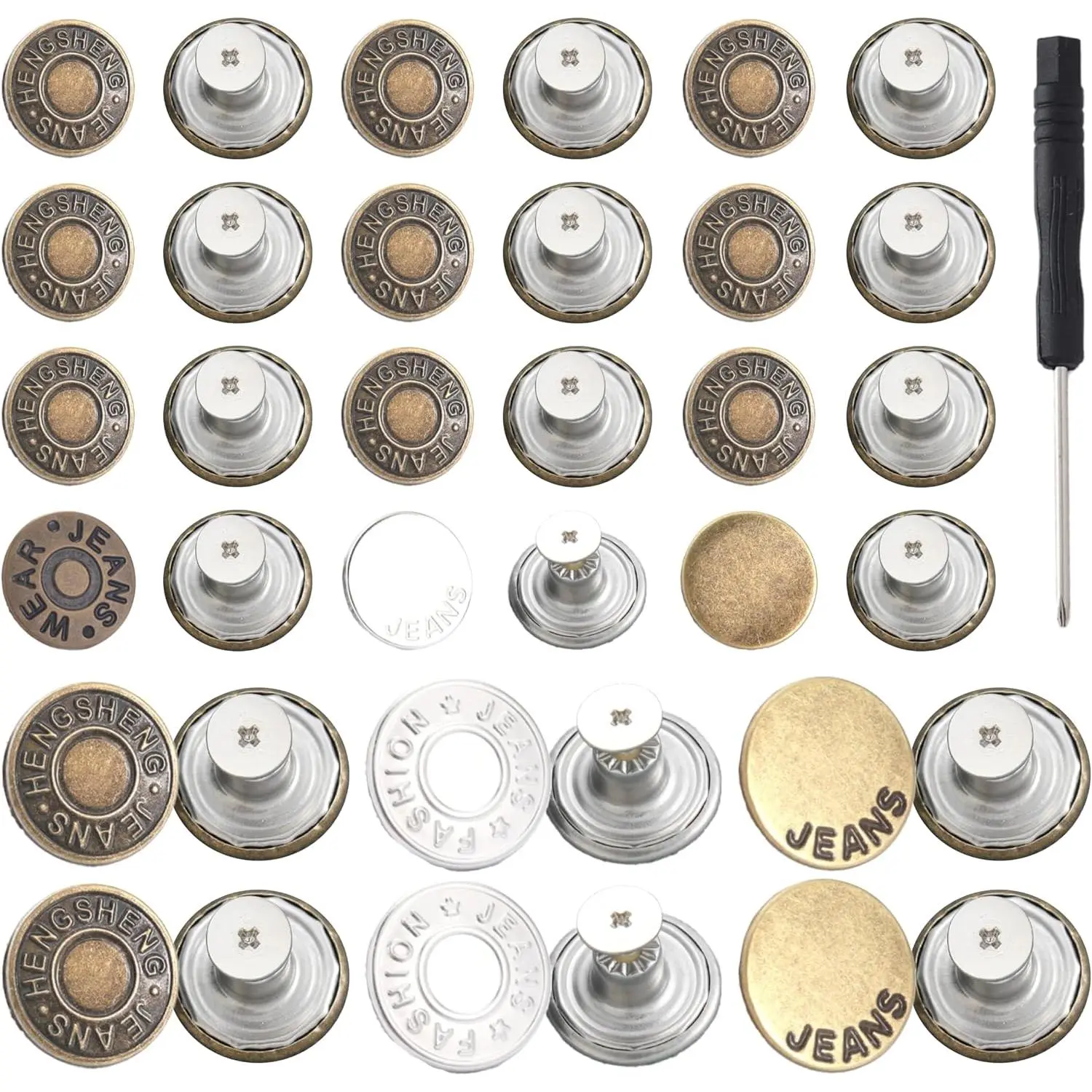 15 count Jean Buttons  Kit, No Sew Adjustable  Metal Buttons