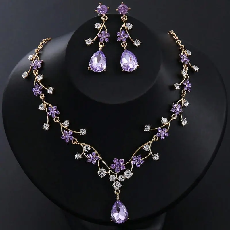Elegant Vintage Plum Rhinestone Jewellery Gift Set, 3-Pieces Necklace & Earrings for Female, Bridal Wedding Party Accessory Set, Bridal Sets, Necklaces Earrings Set