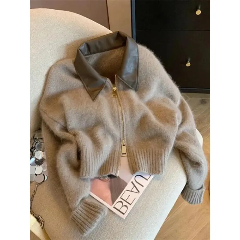 Spliced Leather Collar Knit Sweater Fashion Double Zipper Cardigan Women's Autumn Winter Soft Vintage Long Sleeve Streetwear