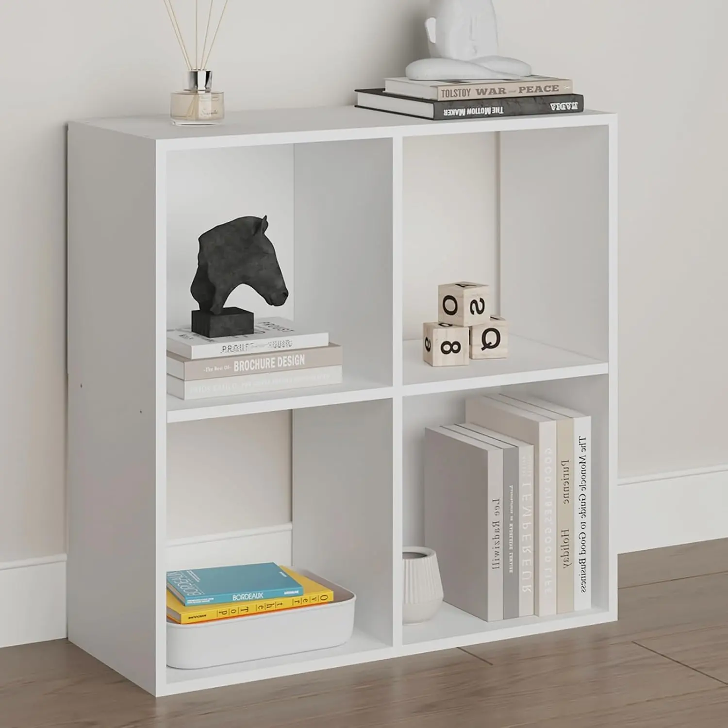 4-Cube Bookshelf, Open  Storage Shelves, Heavy Duty  Cubby Organizer for Small Spaces, Dorm Room Apartment Office, Unit for Book  Record Player Display (White, 4-Cube)