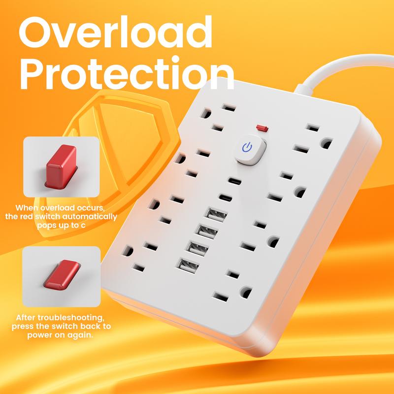 14-in-1 surge-protected power strip with 8 AC ports, 4 USB ports & 2 Type-C ports. Wall-mountable US plug power extension with overload protection and independent controls—essential for home/office safety. Available in 5ft or 10ft cords.