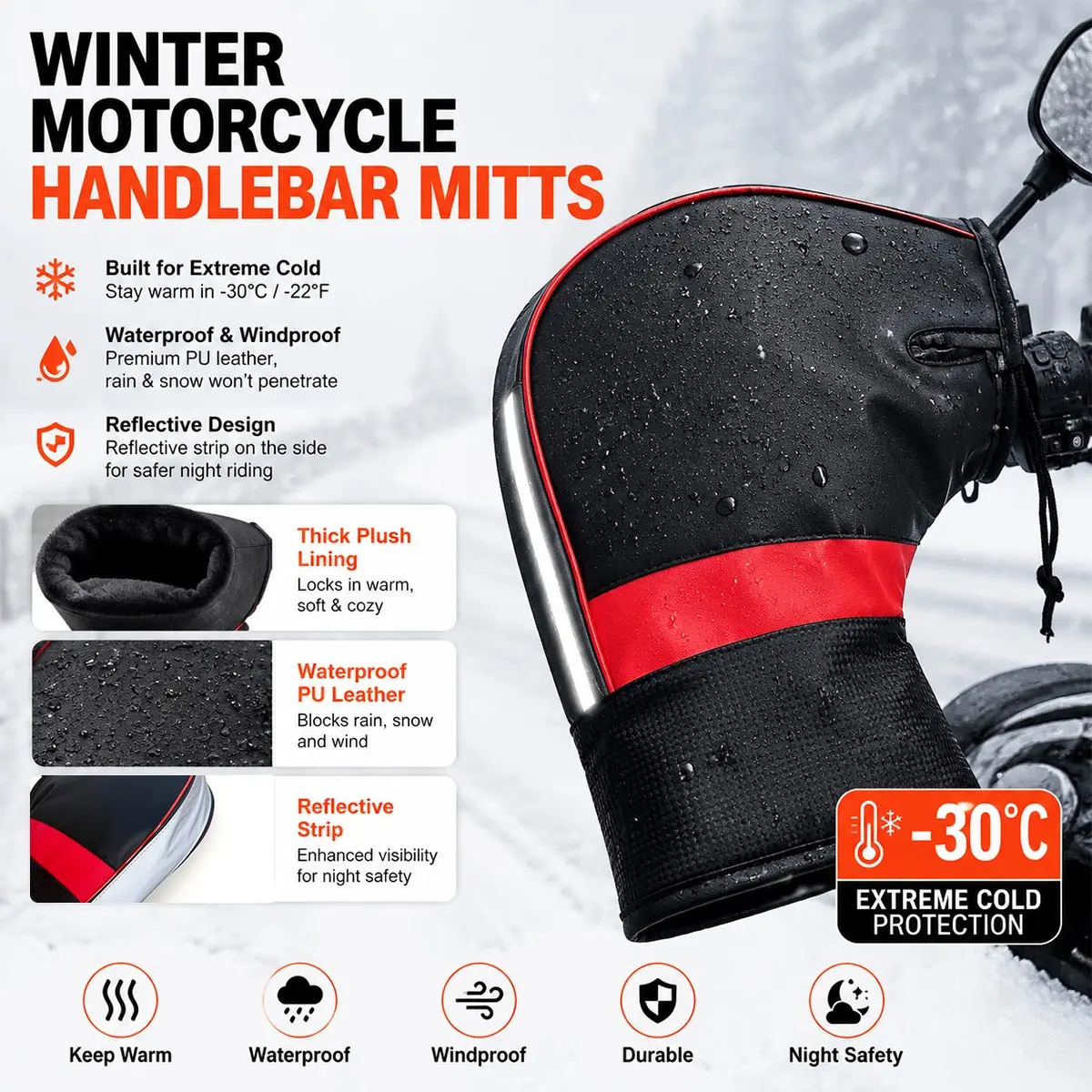 Winter Motorcycle Handlebar Grips, Waterproof Windproof Thick Warm Gloves, Electric Bike Riding Reflective Anti-Cold Hand Protection