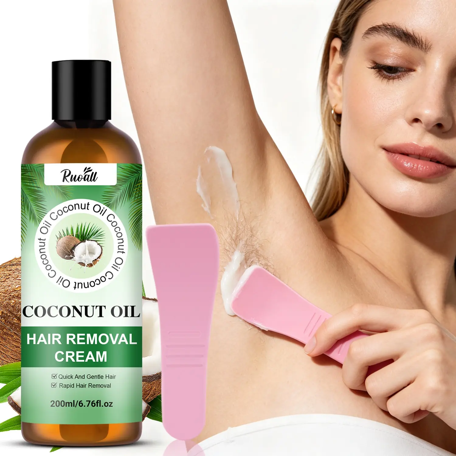 Ruoall 200ML Coconut Oil Hair Removal Cream with Scraper, Depilatory Cream, Gentle Skin Care, Non-Irritating, Full Body Use, Suitable for All Skin Types
