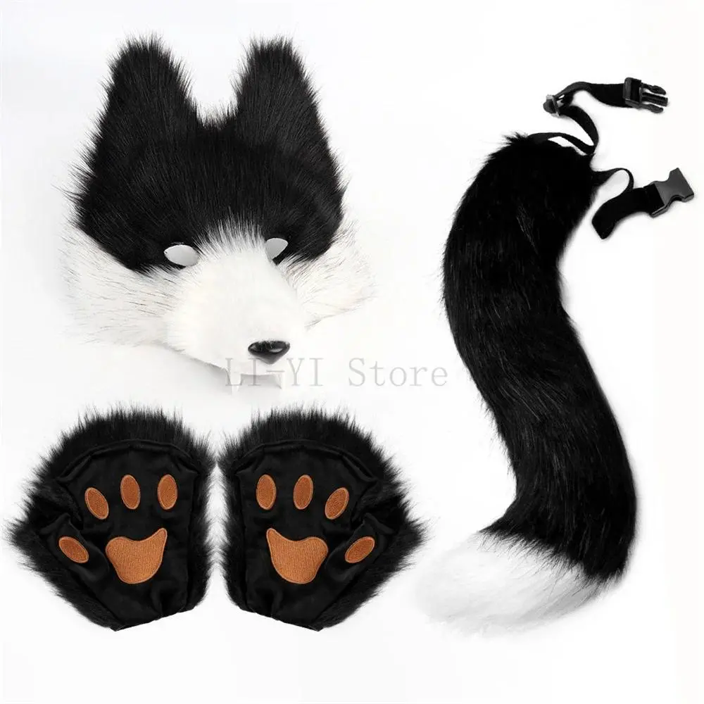2026 new hot item Realistic Werewolf Mask with Fangs Halloween Set Includes Faux Fur Tail & Claw Gloves Scary Cosplay Party Costume Accessories