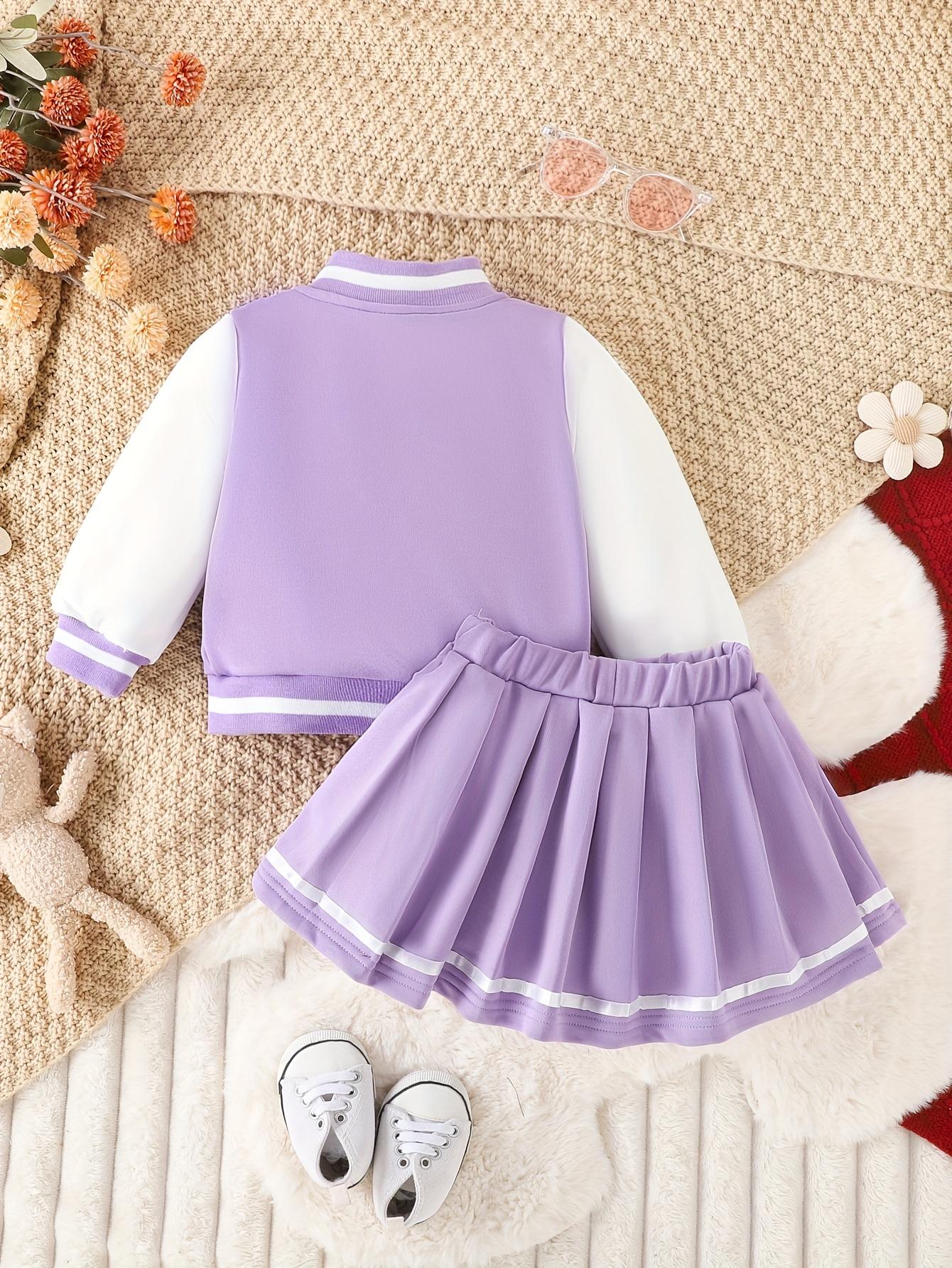 Kids Clothing Girls 2-Piece Preppy Look Set, Cotton Blend Baseball Jacket with Printed Letters + Pleated Skirt, Outdoor & Party Wear Gift
