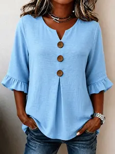 Women's Plus Size V-Neck Wooden Button Cotton Linen Top, Ruffle Three-Quarter Sleeve Casual Loose Fit Daily Wear Blouse Shirts