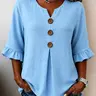 Women's Plus Size V-Neck Basic Top with Wooden Button, Ruffle Three-Quarter Sleeve Casual Loose Fit Daily Wear Blouse, Elegant Feminine Style Shirts