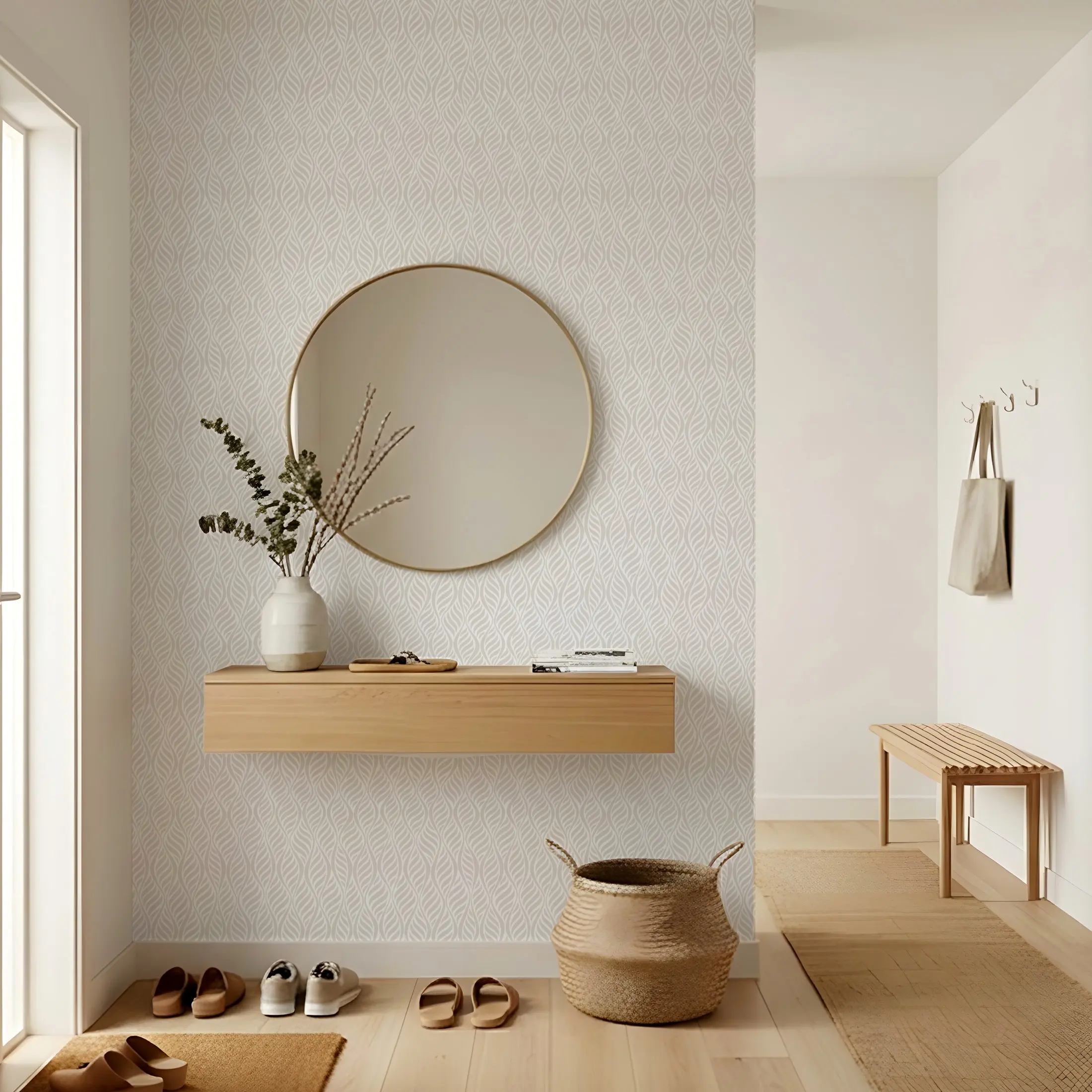 1 Roll Multiple Lengths Available Beige Wavy Leaf Texture Peel and Stick Wallpaper Minimalist Natural Style 44.5cm (17.5in) Wide Waterproof Oil-proof Removable No Wall Damage Living Room Entryway Background Decor