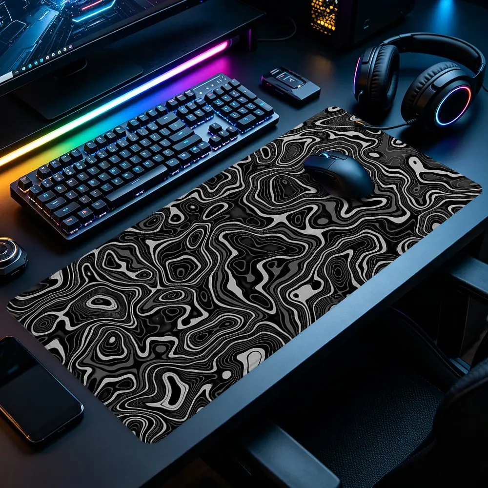 Grayscale Topographic Contour Line Gaming Mouse Pad, XXL Desk Mat with Stitched Edge & Non-Slip Rubber Base, Ideal for Gamers, Minimal & Modern Decor Fans, Gaming Desk Accessory, Computer Accessories For Desk, for Gaming Rooms, Home Offices & Desks