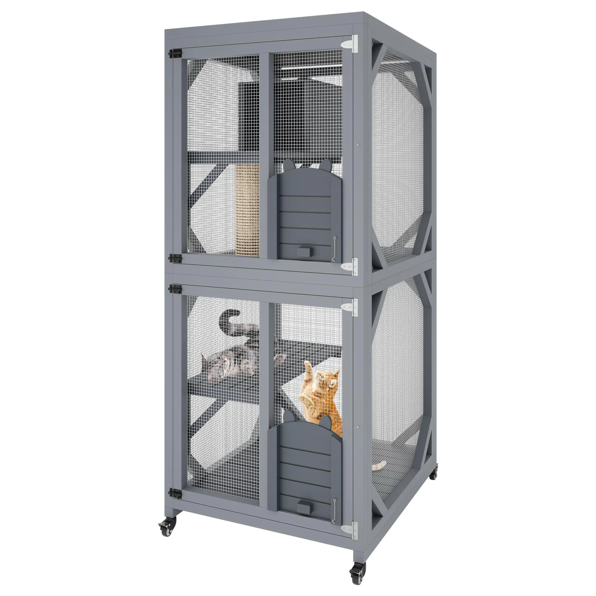 Garvee Large Cat Enclosure on Wheels for Indoor Outdoor, 68 Inch Window Access Catio with Asphalt Roof, Scratching Post, 3 Platforms and Resting Box, Cat Patio Playpen Grey
