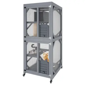 Garvee Large Cat Enclosure on Wheels for Indoor Outdoor, 68 Inch Window Access Catio with Asphalt Roof, Scratching Post, 3 Platforms and Resting Box, Cat Patio Playpen Grey
