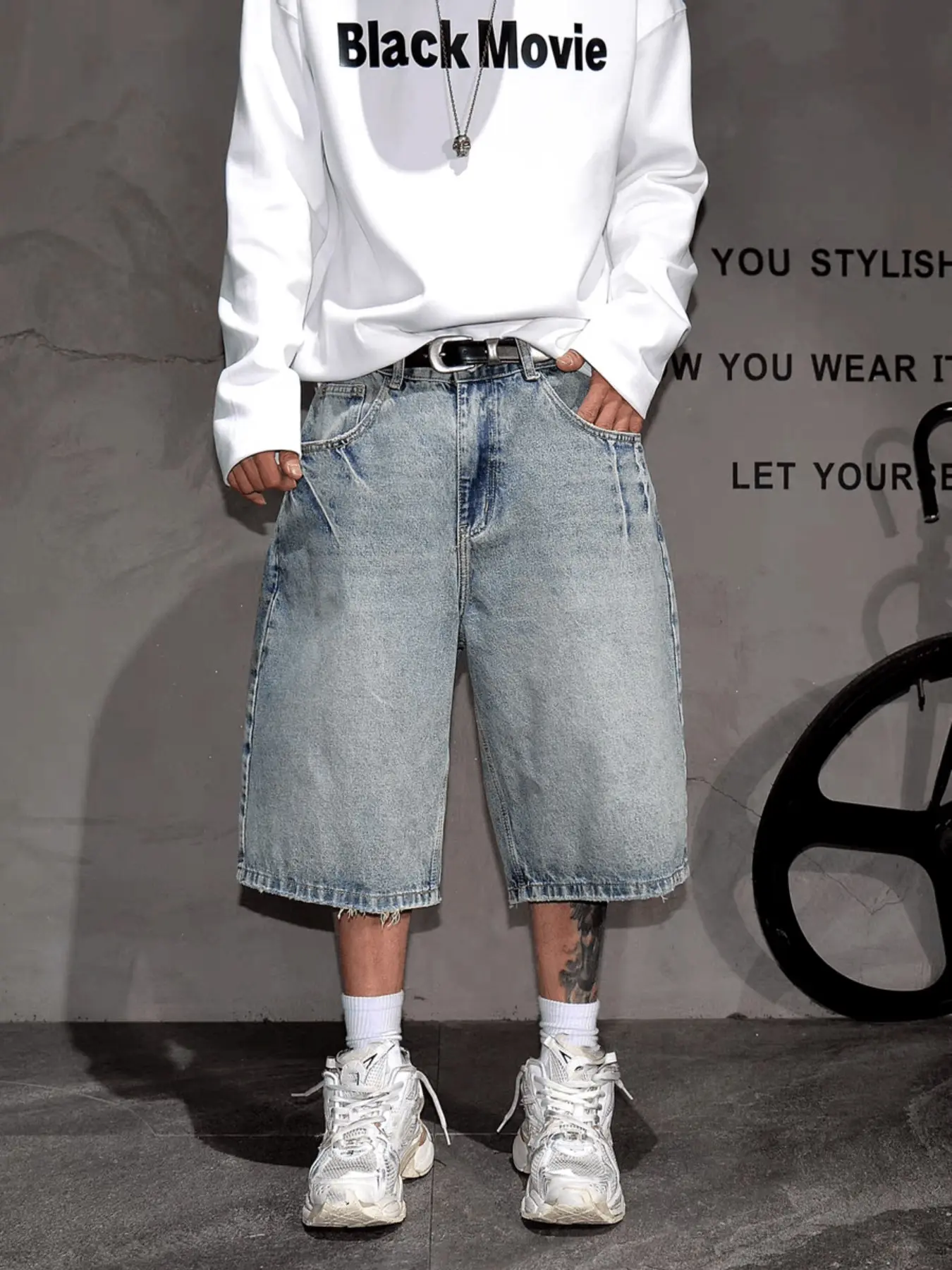 Men's Hip Hop Street Style Lightning Pattern Jeans Shorts, Bodega Shorts, Loose Solid Shorts, Natural Waist Shorts, Summer Loose Fit Casual Mid-Length Pants, Comfortable and Trendy