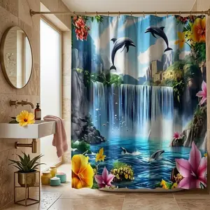 1/4pcsCreative Shower Curtain Bathroom, Restroom Decor Set with Dolphin and Waterfall Pattern. Includes shower curtain, toilet seat cover, rectangular bathroom mat, and U-shaped mat. Perfect for bathroom decorating