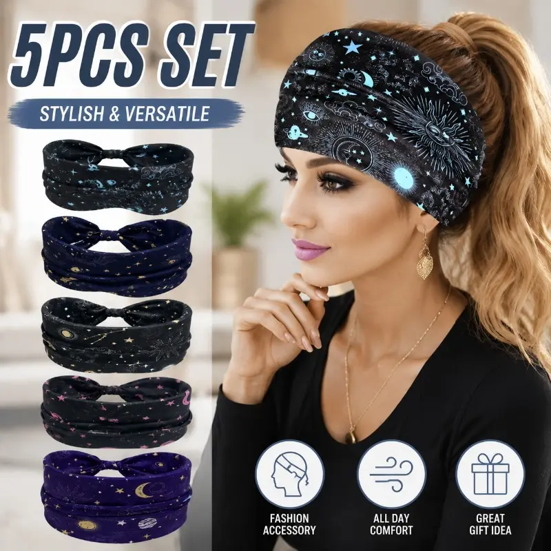 Women's 5-Piece Celestial Star Moon Galaxy Print Stretchy Wide Twisted Headbands Set - Casual Beach Ready One Size Fits Hair Accessories for Skincare, Yoga, Daily Outfits, Bulk Gift Pack