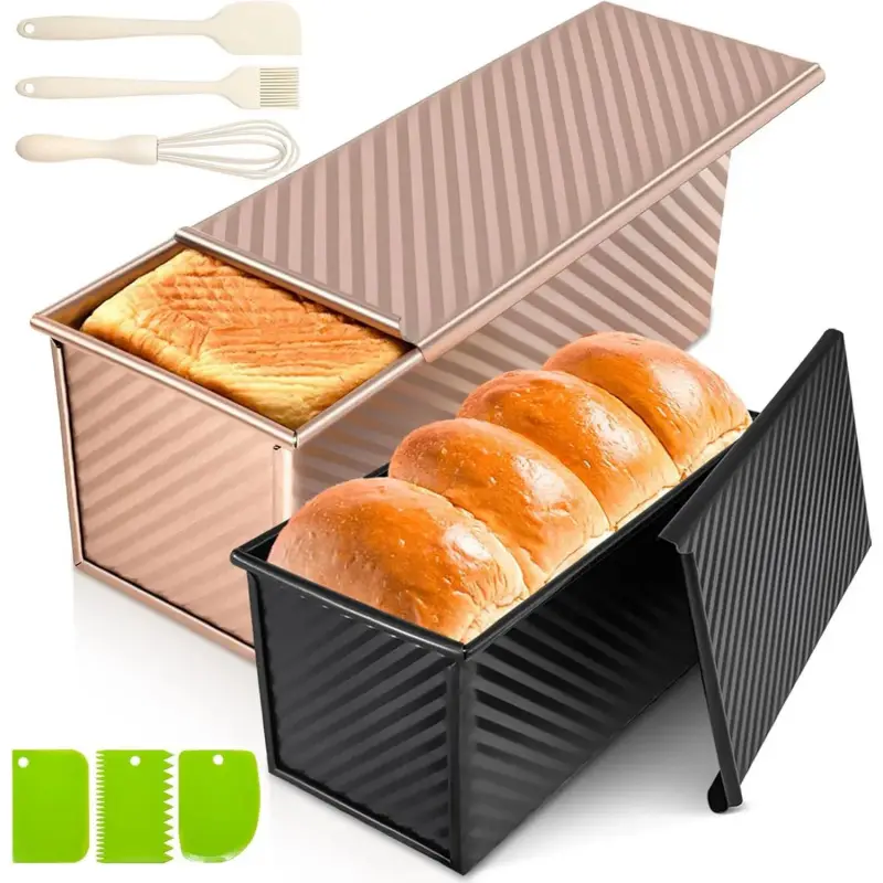 2-Pack Bread Pan with Lid - 2.2 lbs and 1 lbs Dough Capacity, Non-Stick Carbon Steel Bread Pan Suitable for Homemade Sandwiches and Yeast Bread, Ripple Toast Mold-L