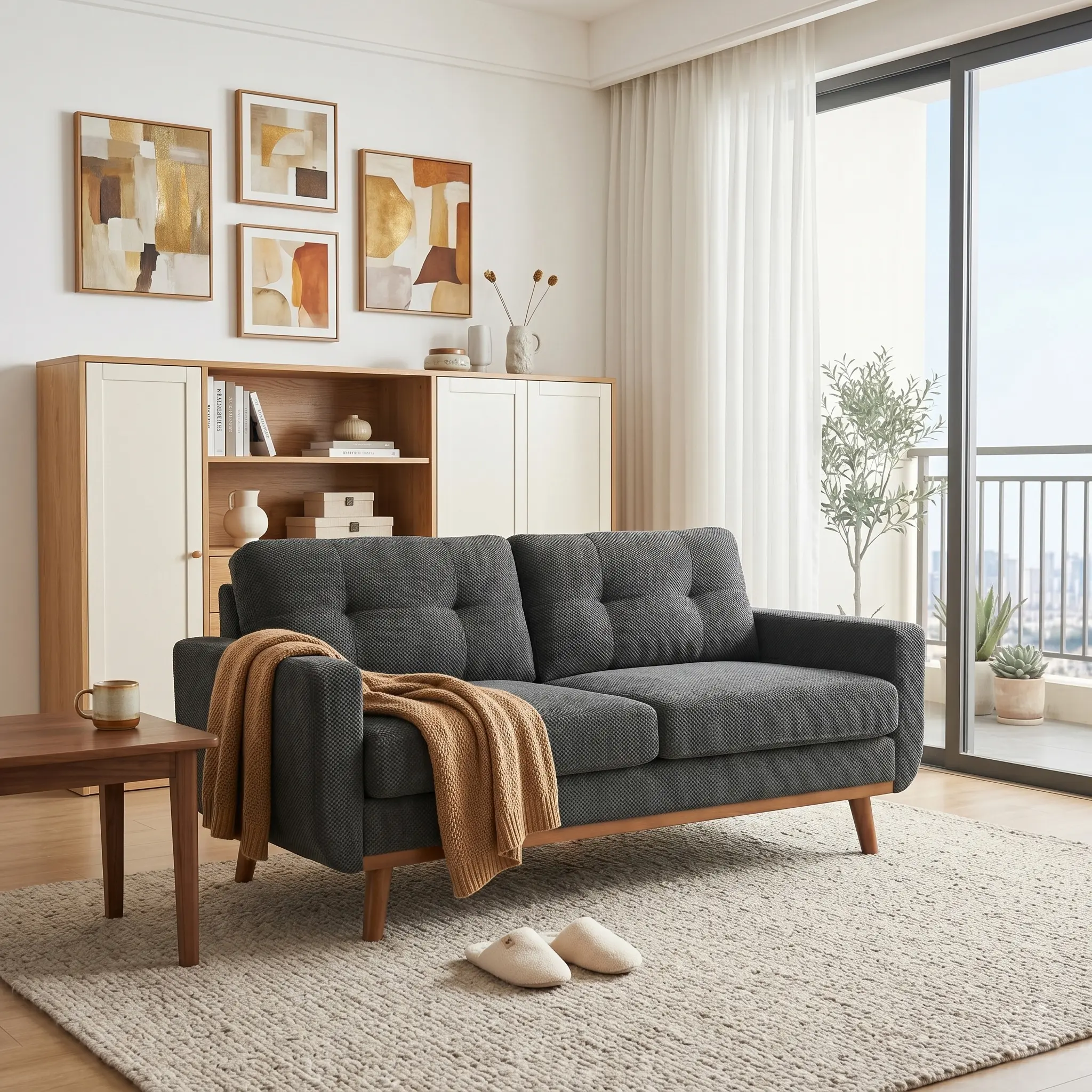 ARCH Mid-Century Modern 65-Inch Two-Seater Loveseat Sofa with Nubby Polyester Upholstery, High-Density Foam Cushions, Diamond-Quilted Backrest, Solid Wood Legs, Dark Grey, for Living Room, Easy Assembly, DARK GREY Color Options, Wood+Fabric Material