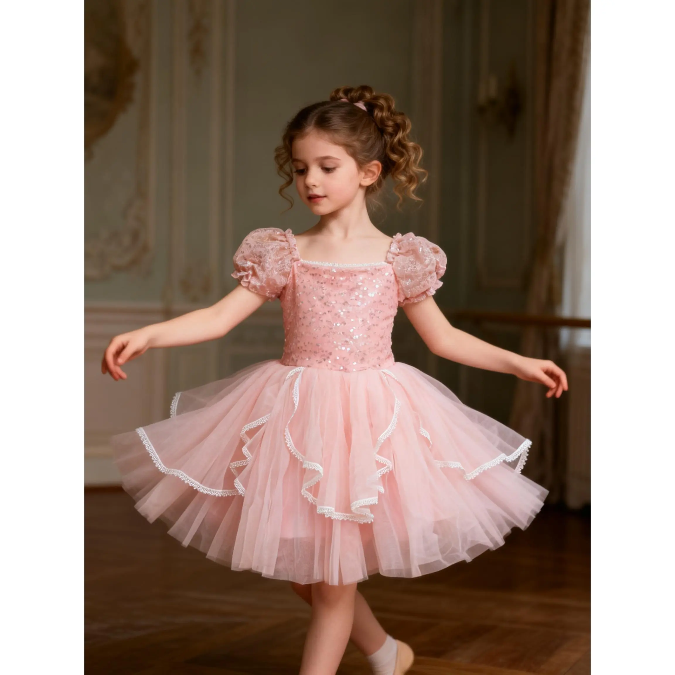 Girl's Pink Ballet Attire, Puff Sleeve Nylon Woven Dress with Sequin Mesh for Dance Class & Practice, Birthday Gift