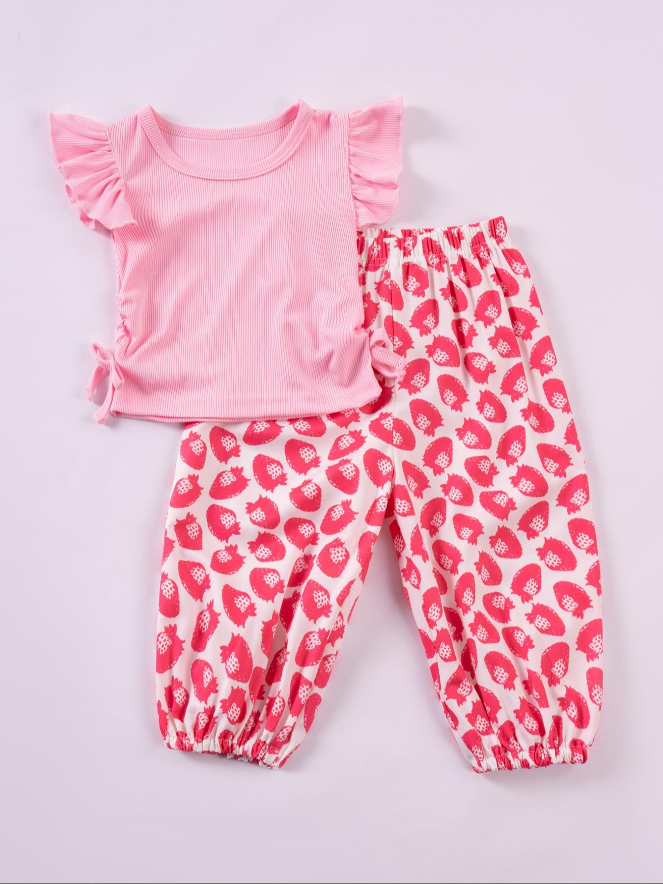 Toddler Girl's Ditsy Floral Print Frill Trim Ruffle Tee & Pants Set, Casual Soft Comfy Short Sleeve T-shirt & Trousers for Summer, Kids Clothes for Daily Wear
