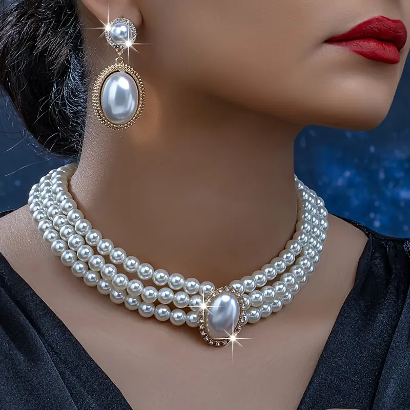 A Fashionable and Unique Imitation Pearl Necklace and a Pair of Stylish and Distinctive Imitation Pearl Drop Earrings for Women