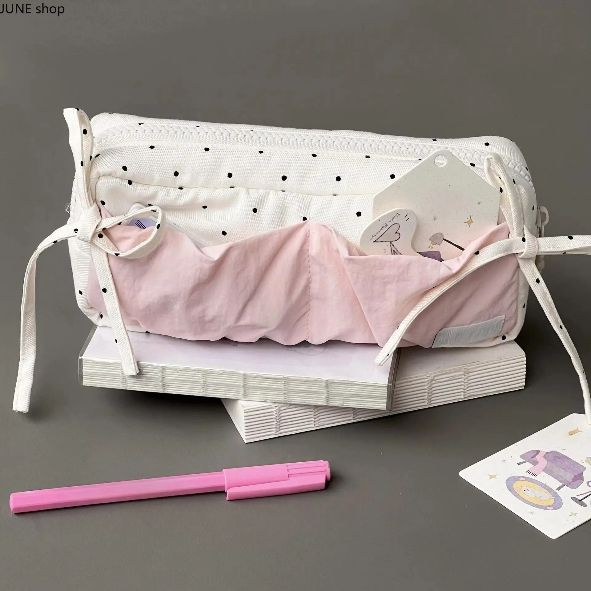 Aesthetic White Polka Dot Pencil Pouch for Girls - Large Capacity, Zipper Closure, Cute Stationery Storage Organizer & Makeup Bag for School, Travel (sohochic)