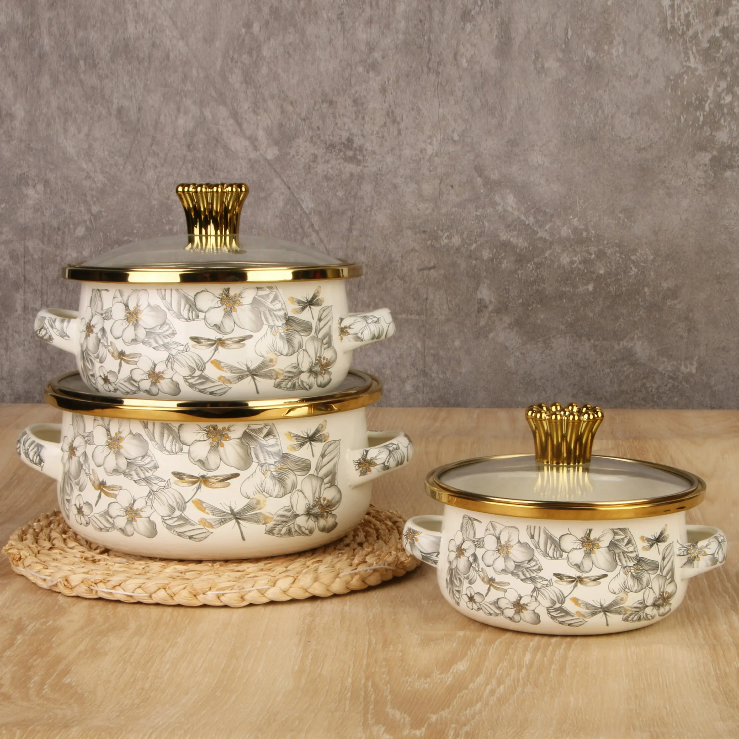 Vintage Bohemian Style Dragonfly Flower Gold Top Dual Ear Bowl, Thick Enamel Bowl Set, Retro Mini Three-Piece Serving Bowls, Non-Bone China Material