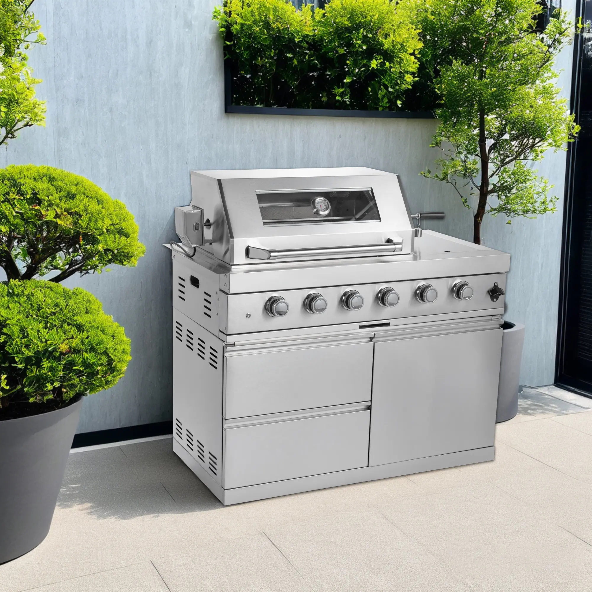 ARCH 46-Inch Outdoor Kitchen Island Gas Grill with 6 Stainless Steel Burners, 85,000 BTU, Ceramic Infrared Rear Burner, Rotisserie Kit, Black/Silver, 990 Sq In Cooking Area, Storage Cabinets, for Garden & Patio BBQ, Black/Silver Color Options