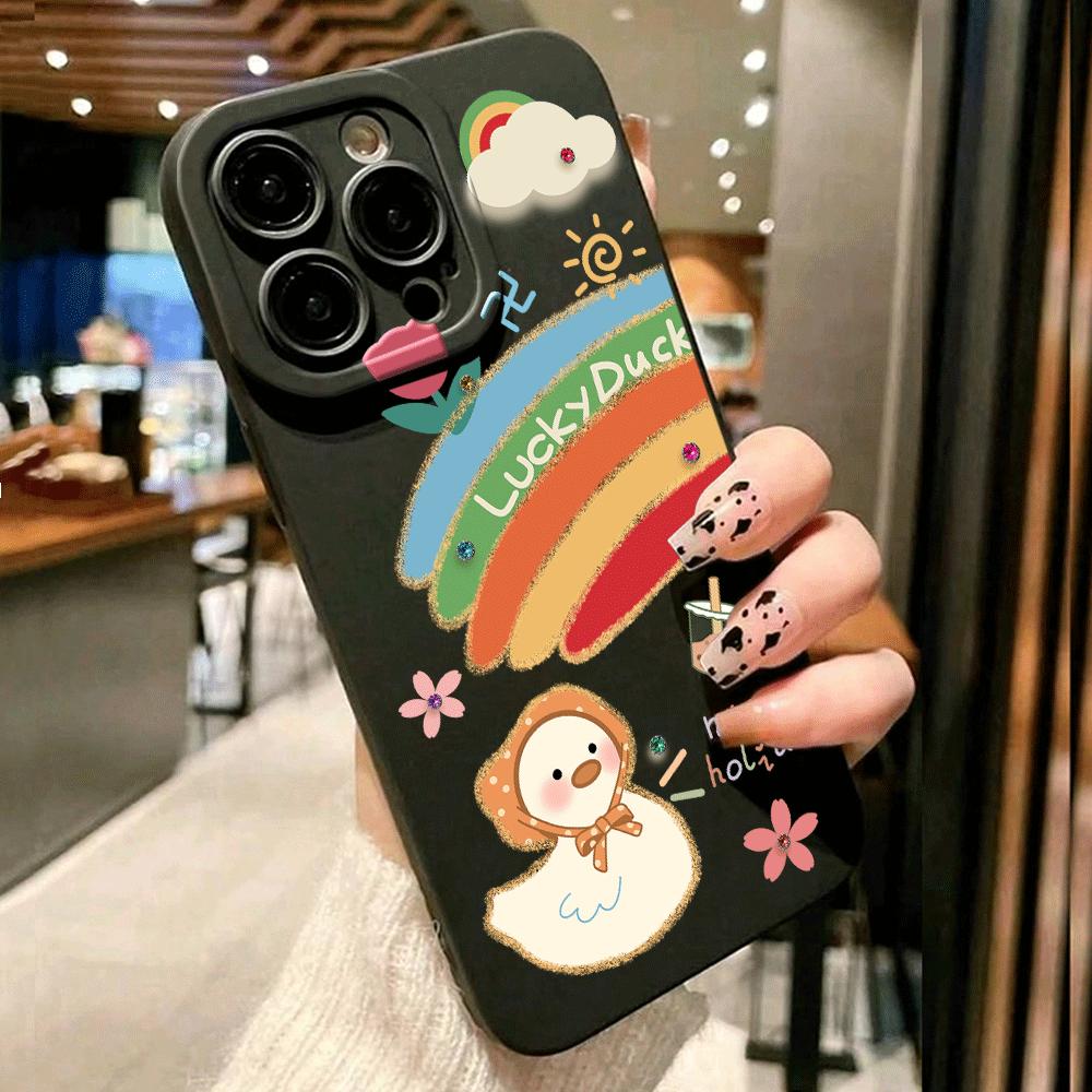 1pc black matte phone case with eye-catching design, featuring lucky duck, rainbow flowers, sun, clouds, and pearl milk tea motifs, suitable for IPhone17/IPhone17Pro/IPhone17Air/IPhone17ProMax