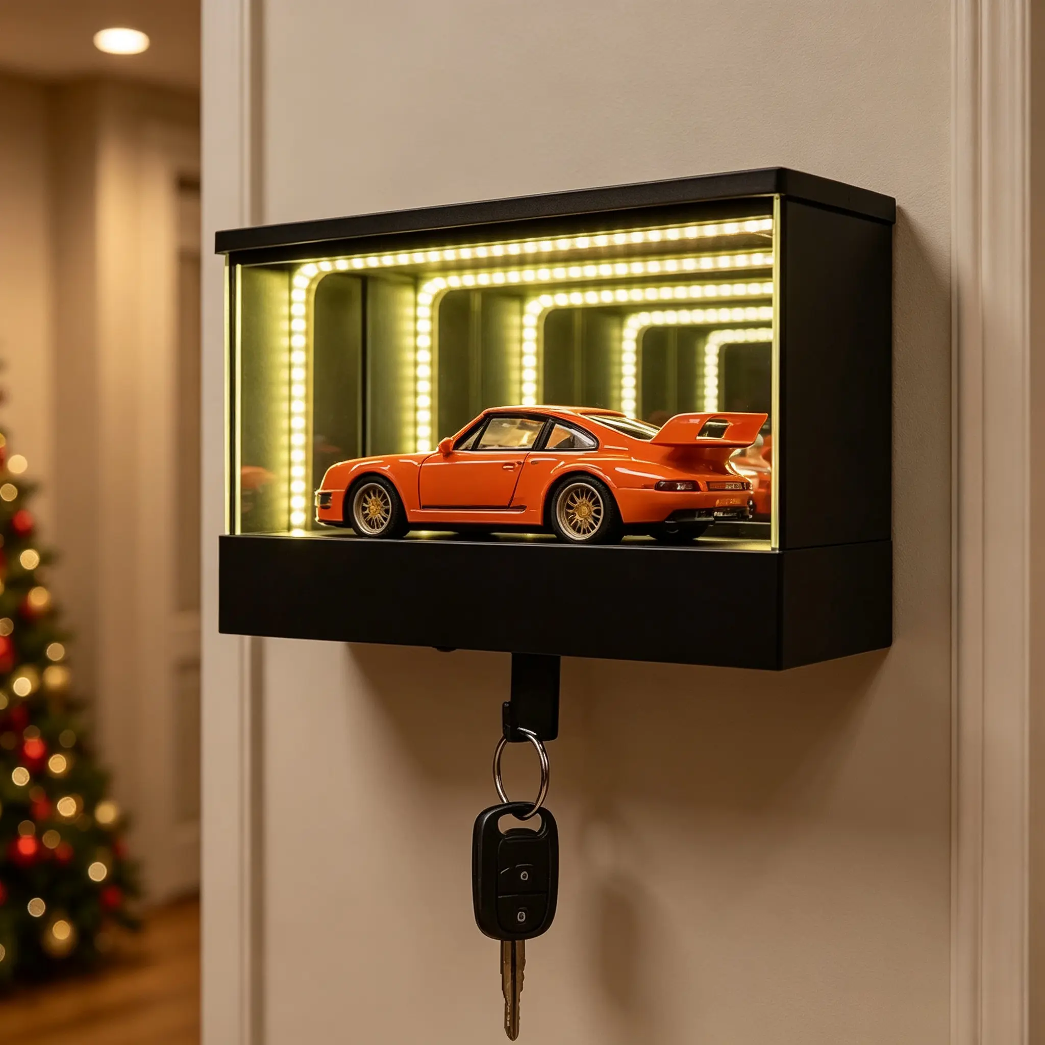 Infinity Garage Keychain Hanger, Keypit Garage Wall‑Mount Key Holder, LED Race Car Key Holder, Car Keys Display Rack, Tiny Glowing Garages, Effortless Wall Mount Organizer for Entryway`