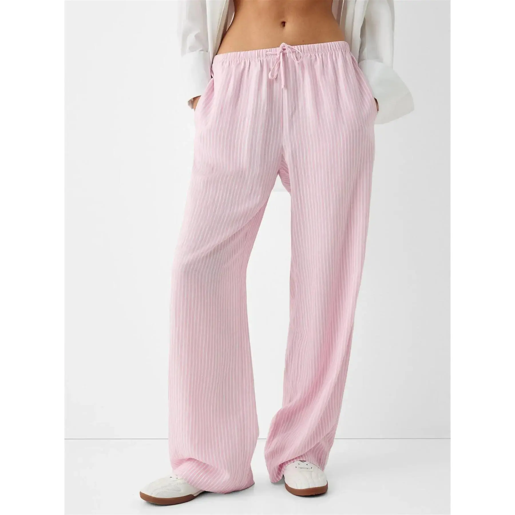 Women's Striped Print Drawstring Waist Wide Leg Pants, Casual Pocket Trousers for Daily Wear, Ladies Bottoms for All Seasons, National Day Clothing, Baggy Pants