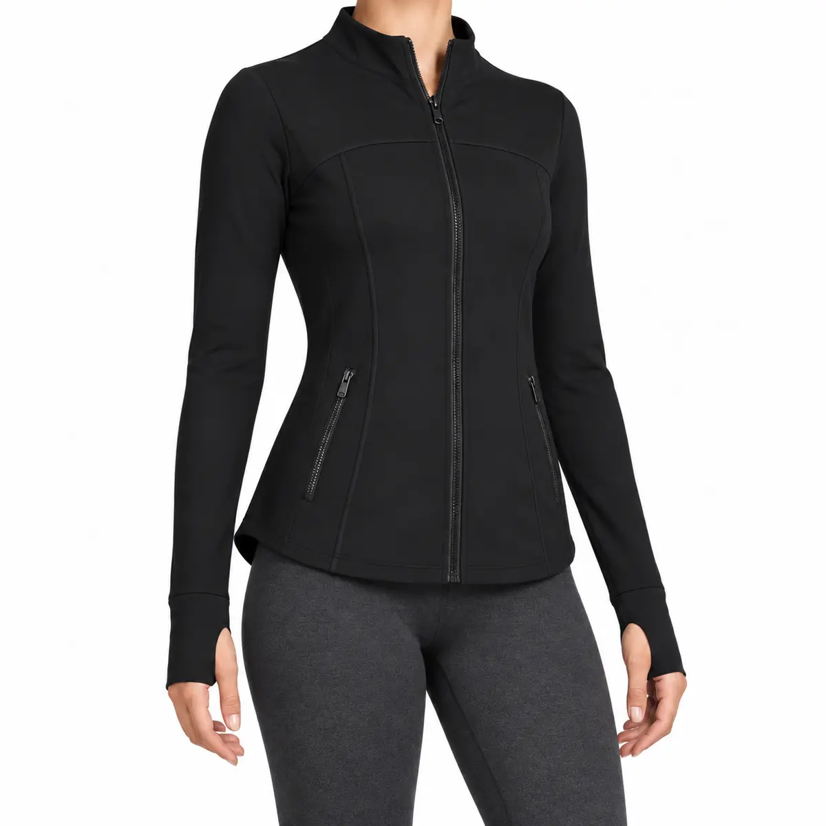 Women's Fitted Stand Collar Full Zip Jacket with Zipper Pockets and Thumbhole Cuffs, Long Sleeve Active Layer