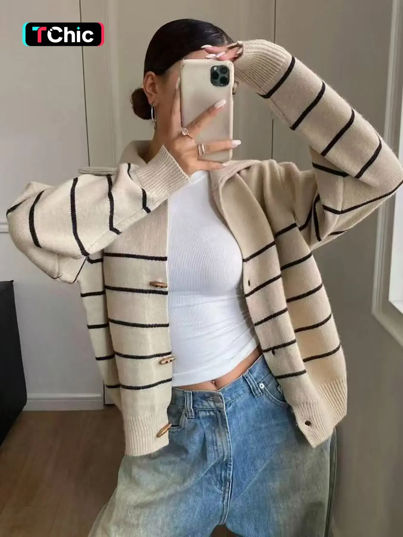 Women's Striped Knit Sweater, Fall Winter New Arrival, Loose Fit Slimming, Casual Polo Neck, Trendy Colorblock, Soft Comfortable, Elegant Style